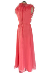 1970s Jack Bryan Bright Coral Pink Chiffon Dress w Feather Detailed Bodice