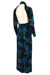 1970s James Galanos Backless Blue Floral Print Ruffled Silk Dress