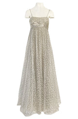 1970s Unlabeled Alfred Bosand Sequin Bodice Dotted Silk Net Dress W Matching Cape Overlay