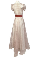 1930s Unlabeled Deep Blush Silk Ribbon Organza Dress w Slip & Floral Belt