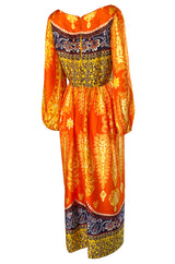 1960s Lucie Ann Silky Rayon Bright Orange Scarf Print Caftan Hostess Dress