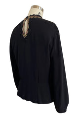 Stunning 1940s Black Silk Crepe Top w Extensive Hand Embroidered Neckline & Sleeves