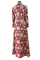 Stunning 1970s Adele Simpson Red & Gold Brocade Dress w Rhinestone Detailing