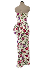 Beautiful 1950s Philip Hulitar Couture Brilliant Floral on Ivory Print Silk Strapless Dress
