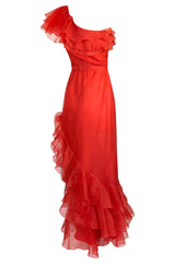 1980s Bellville Sassoon Ruffled Red Chiffon One Shoulder Dress