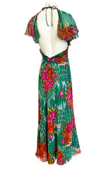 Documented 1973 Scott Barrie Pink & Green Floral Backless Silk Chiffon Dress