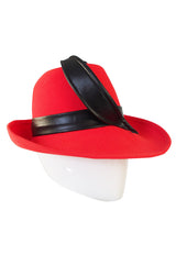 1960s Red Mr John Fedora Hat with Leather Feather Detail