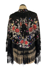 Antique 1920s Embroidered Silk Fringe Curved Cape or Shawl w Tassel Detailing