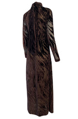 1970s Pauline Trigere Fused Velvet & Chocolate Silk Chiffon Dress w Attached Tie at Neck