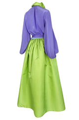 Spring 1978 Bill Blass Crisp Bright Green Silk Taffeta Skirt & Purple Silk Top Dress Set