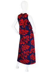 1960s Red & Blue Cotton Hawaiian Maxi Dress
