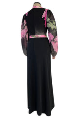 Prettiest 1970s Leonard Paris Pink Charcoal & Black Floral Printed Silk Jersey Dress