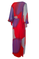 1970s Hanae Mori Full Sleeve Red & Purple Silk Chiffon Maxi Dress