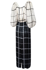 1970s Pauline Trigere Contrasting Black & White Silk Rope Print On or Off Shoulder Dress