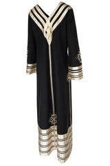 1960s Josefa Black Cotton, Gold Ribbon & Hand Embroidered Caftan Dress