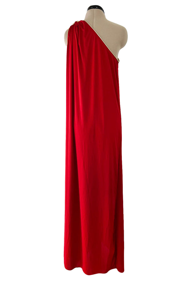 1981 Bill Tice Red One Shoulder Jersey Dress w Gold Lame Flower Detailing