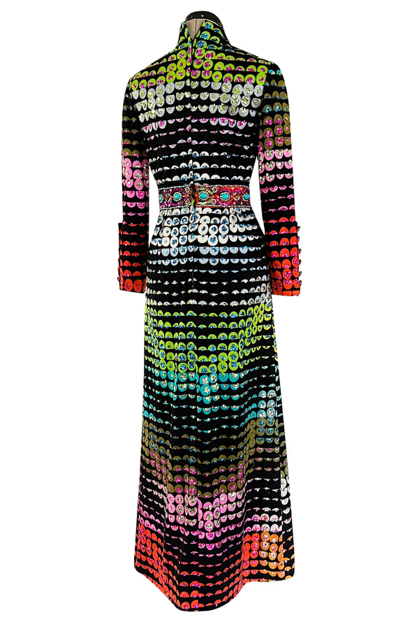 Amazing 1970s Unlabeled Valentina Inc. Rainbow Colored Elaborate Sequin & Bead Detailed Dress