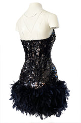1970s Strapless Black Sequin Micro Mini Dress w Feather Hem