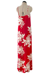 Late 1970s James Galanos Graphic Red & White Silk Crepe Dress w High Side Silt