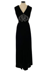 Rare 1920s 1930s Unlabeled Silk Velvet Dress w Rhinestones & Matching Open Shoulder Jacket