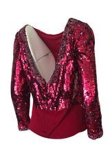 1980s Bill Blass Couture Red Sequin & Bead Deep Low V Back Top