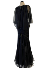 First RTW Collection Fall 1983 Chanel by Karl Lagerfeld Black Caped Bodice Silk Chiffon Dress