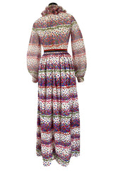 1970s Mollie Parnis Balloon Sleeve Confetti Print Silk Twill & Silk Chiffon Dress w Ruffled Collar