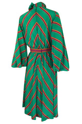 1970s Pauline Trigere Green Striped Silk Dress w Unusual Sleeves