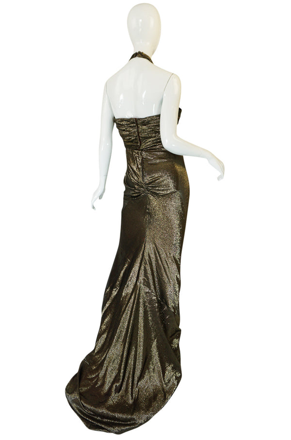 1930s Hollywood Starlet Burnished Gold Trained Halter Dress