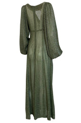 1970s Ossie Clark Metallic Green & Silver Lurex Knit Lame Plunge Dress