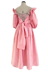 Prettiest 1970s Richiline Iridescent Pink Silk Dress w Pouf Sleeves & Rhinestone Details