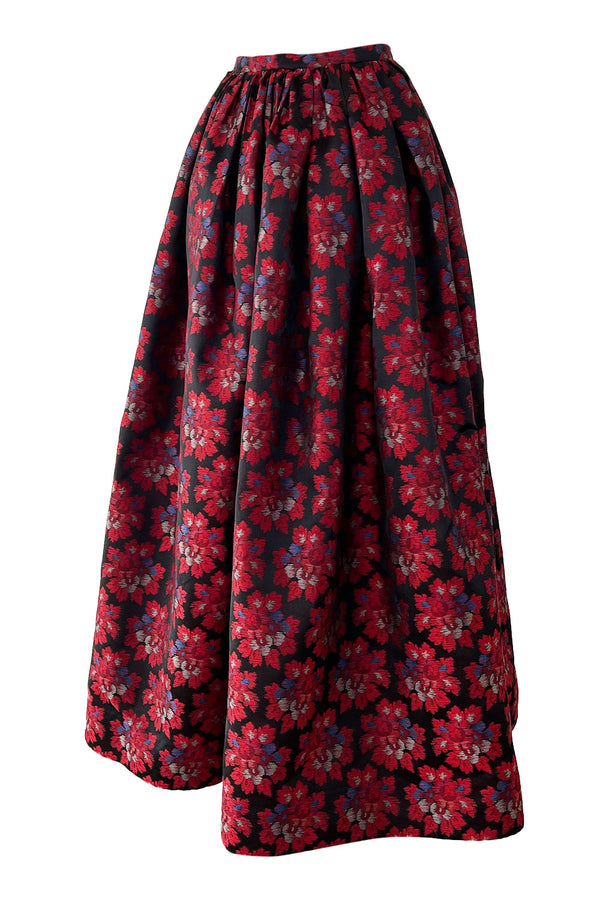 Prettiest 1970s Nina Ricci by Gerard Pipart Deep Red Floral Pattern Silk Skirt w Pockets