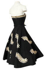 1950s Heavy Cotton / Canvas Strapless Dress w Hand Applied Cord Applique