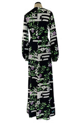 Prettiest 1970s Hanae Mori Printed Black & Green Floral Easy to Wear Jersey Dress