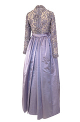 1960s George Halley Couture Lavender Silk Satin Dress w Heavily Detailed Crystal & Rhinestone Bodice