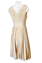 1960s Unlabeled Norman Norell Creamy Ivory Silk Knife Pleat Dress