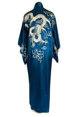 Decadant 1920s Unlabeled Deep Blue Silk Kimono w Hand Embroidered Dragons