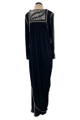 1970s Bill Gibb Museum Held Black Liquid Jersey Dress w MOP Buttons & Extensive Beading
