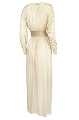 Documented 1980 Bill Tice Plunging Front Ivory Jersey & Gold Belt Dress