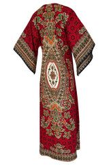1960s Unlabeled Red Thai Print Cotton Caftan Dress w Frog Knot Detail