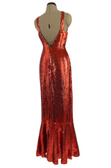 Remarkable Spring 1976 Pierre Cardin Couture Red Sequin Halter Dress w Low Full Skirt Hem