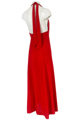 Iconc 1970s Ossie Clark Red Moss Crepe Button Front Halter Dress
