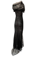 Incredible 2000s John Galliano Fine Black Lace Dress w Train & High Collar