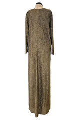 Fabulous 1970s Halston Metallic Gold & Black Lame Lurex Full Length Caftan Dress w Notched Neckline