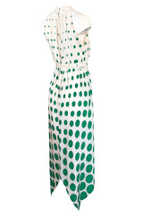 c.1972 Pauline Trigere Graduated Green Dots on Bias Cut Silk Dress