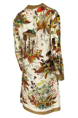 1970s Gucci Ad Campaign Flora Fauna Screen Printed Silk Shift Dress