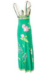 1970s Leonard Paris Green Floral Print Silk Jersey Halter Dress