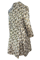 Early 1960s Ceil Chapman Gold & Silver Metallic Silk Brocade Coat w Crystal Buttons