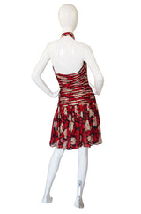 1980s Gathered Silk Chiffon Red Print Dress