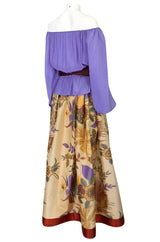 Fall 1977 Bill Blass Printed Silk Taffeta Skirt & Off Shoulder Purple Silk Top Dress Set